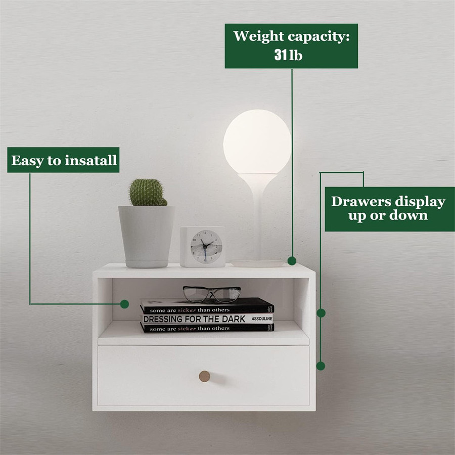 2023 White And Wood Nordic Small Wall Mount Floating Nightstand Bedside End Table With Drawer For Living Room Bedroom