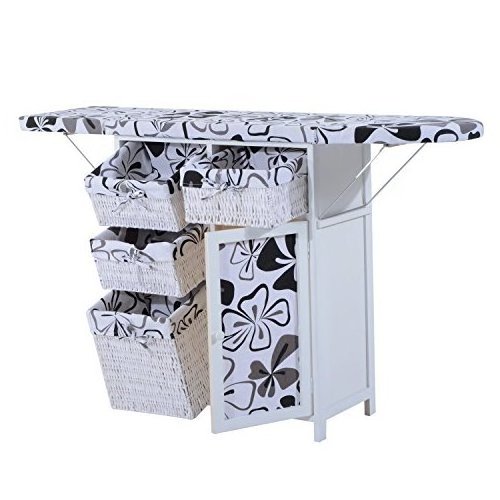 White/Black Wood Wicker Ironing Board with cabinet