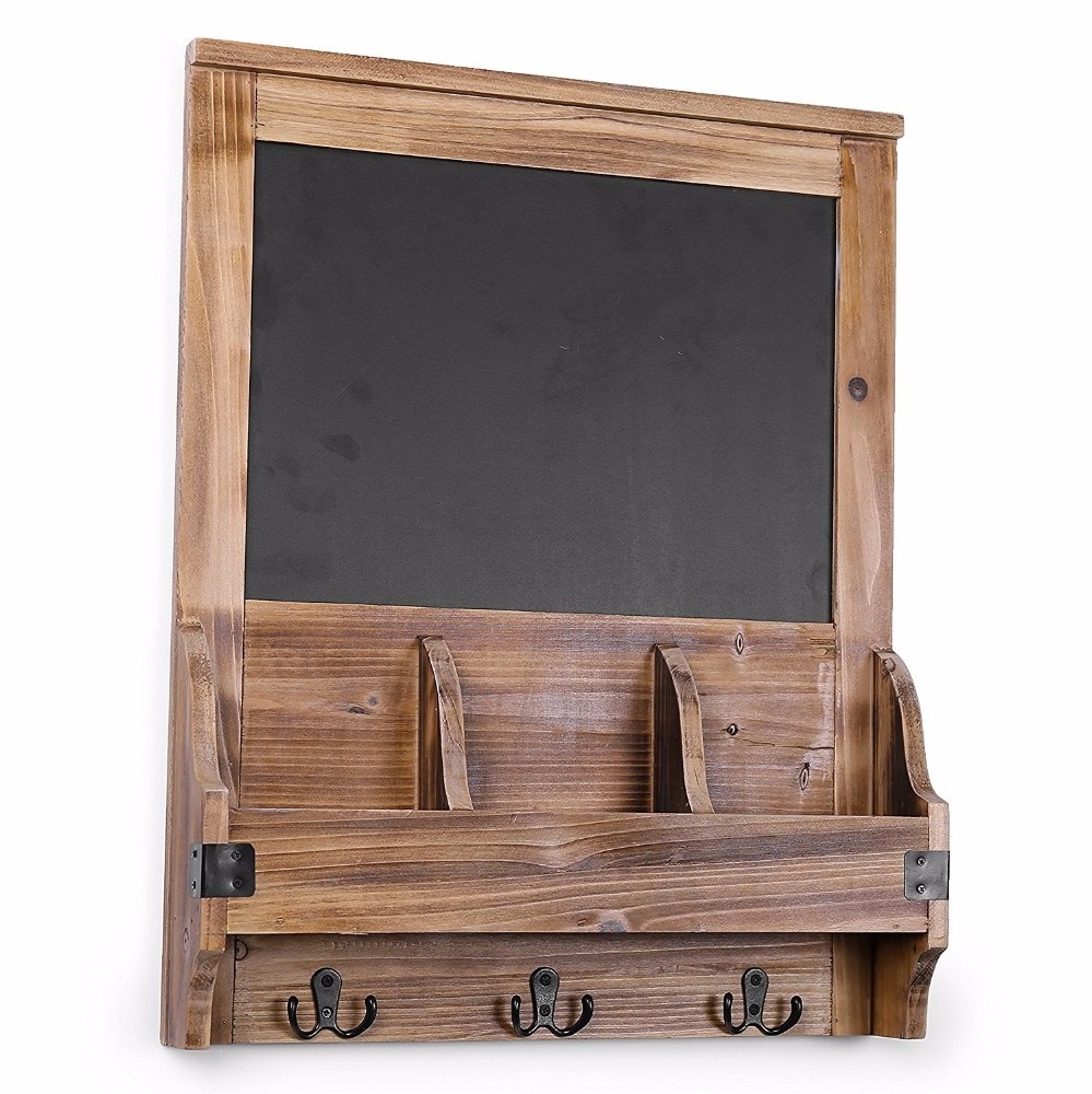 Rustic Burnt Wood Wall-Mounted Entryway Organizer with Chalkboard Sign & Key Hooks