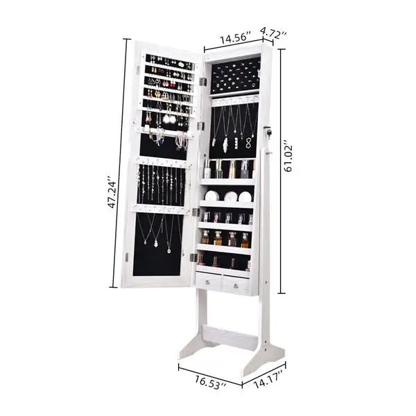 White Lockable jewelry armoire cabinet Full-Length Mirror storage tall standing jewelry cabinet