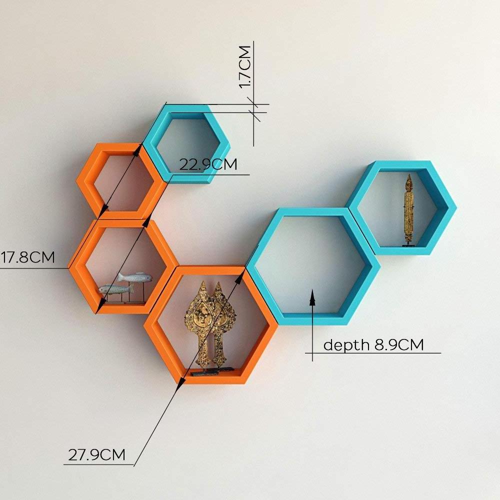 6 Piece Hexagon Shape MDF Wall Shelf, Orange and Sky Blue