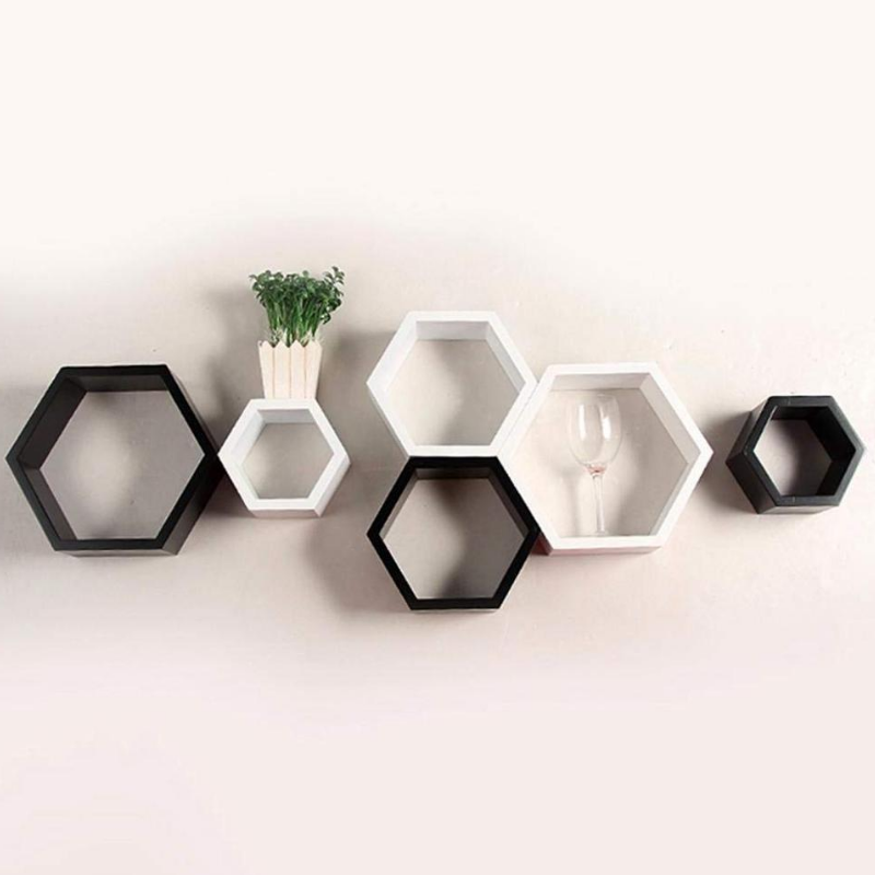 6 Piece Hexagon Shape MDF Wall Shelf, Orange and Sky Blue