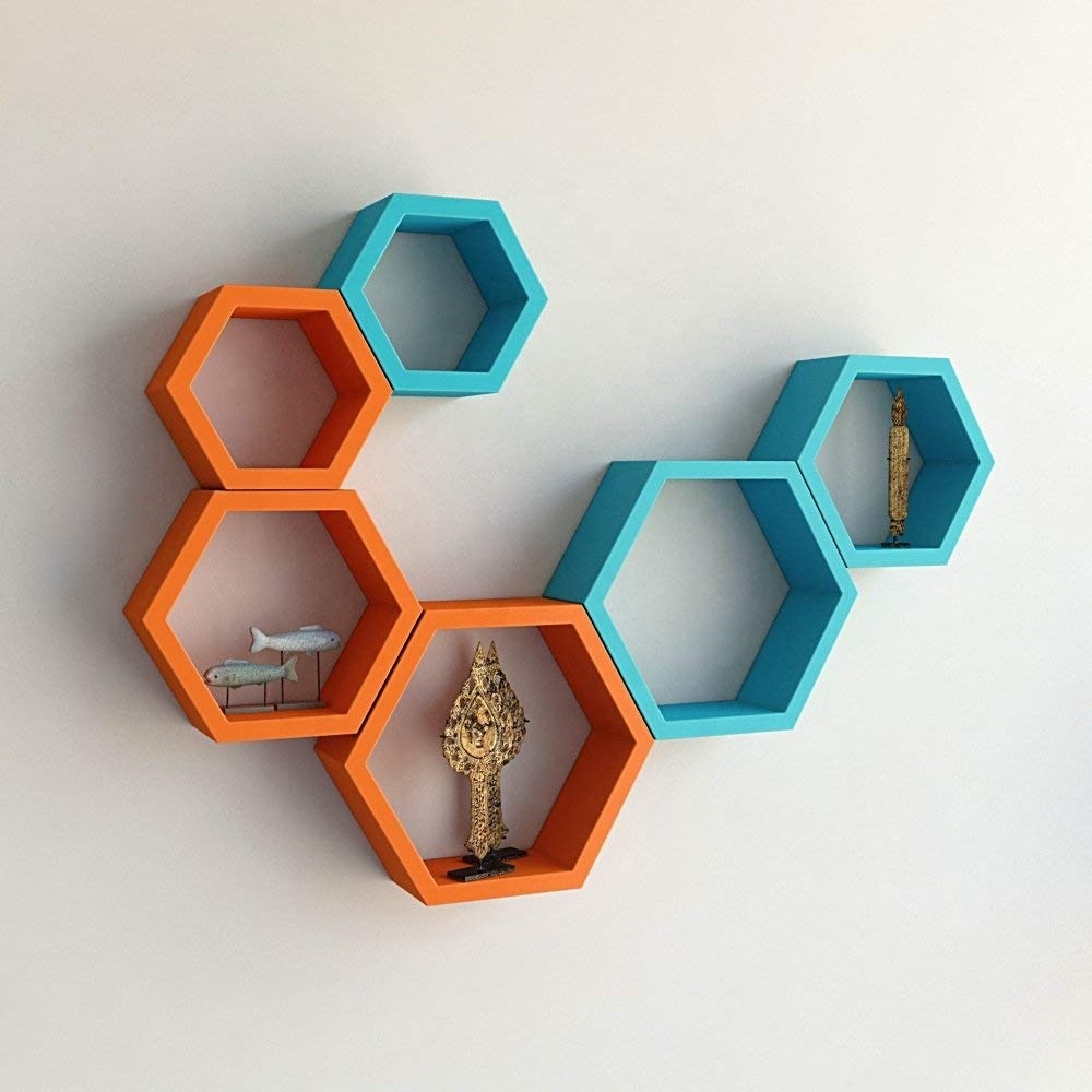 6 Piece Hexagon Shape MDF Wall Shelf, Orange and Sky Blue