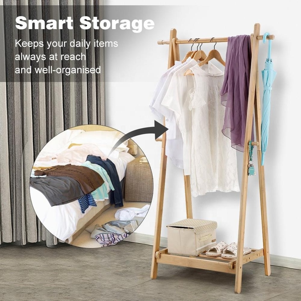 Foldable Bamboo Clothes Laundry Rack with 4 Side Hooks Lower Shoe Shelf for Extra Storage Space A-Frame Design Garment Stand