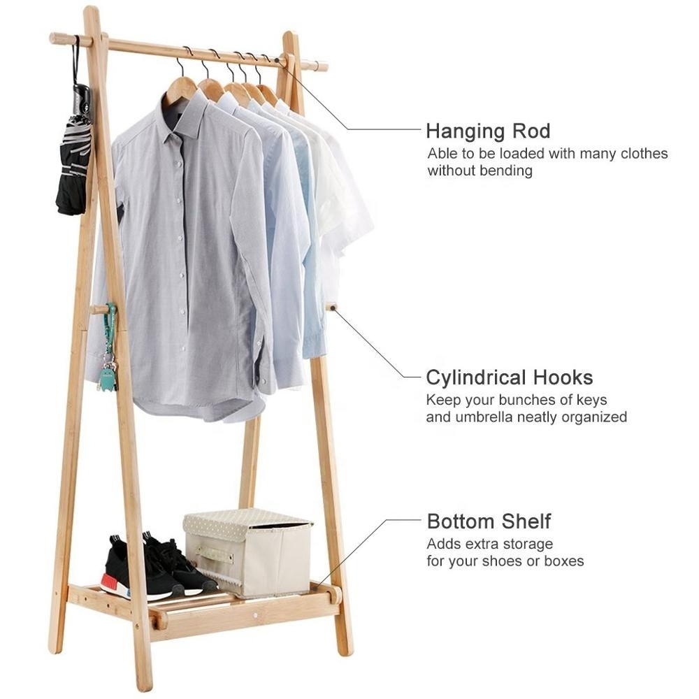 Foldable Bamboo Clothes Laundry Rack with 4 Side Hooks Lower Shoe Shelf for Extra Storage Space A-Frame Design Garment Stand