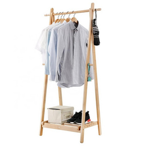 Foldable Bamboo Clothes Laundry Rack with 4 Side Hooks Lower Shoe Shelf for Extra Storage Space A-Frame Design Garment Stand