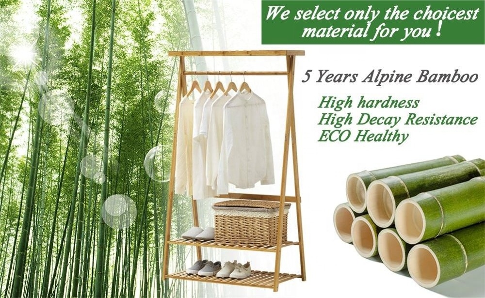 Bamboo Garment Coat Clothes Hanging Heavy Duty Rack with top Shelf and 2-Tier Shoe Clothing Storage Organizer Shelves