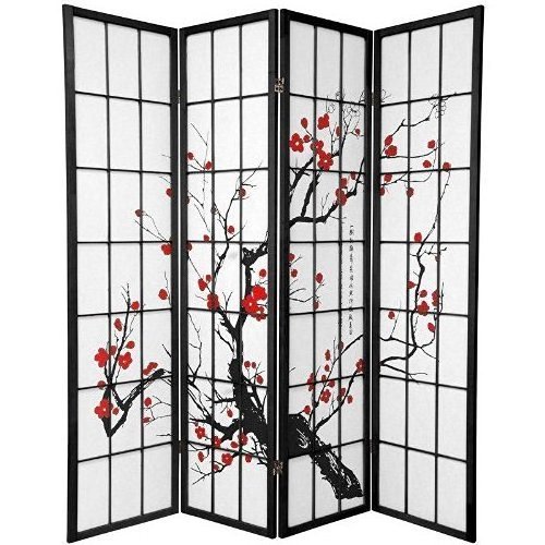 Wooden foldable 4 panel room separator dividers decorative panels removable room partition with plum blossom pattern