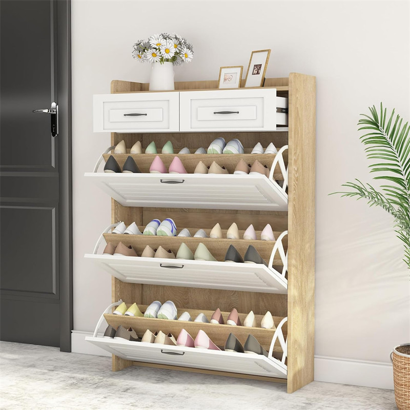 3 Tier Solid Wood Entry Way Shoe Rack Cupboard Drawer Storage Racks Entrance Hallway Shoe Cabinet Box Organizer