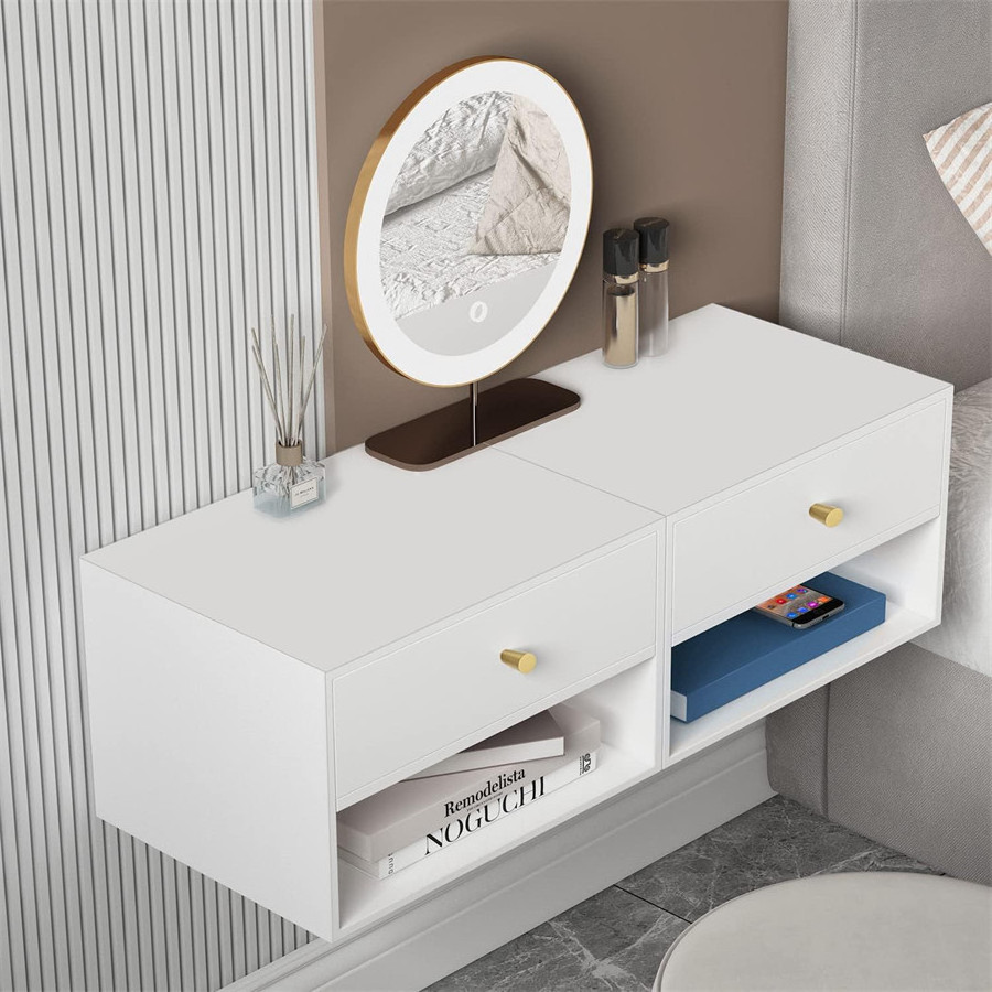 2023 White And Wood Nordic Small Wall Mount Floating Nightstand Bedside End Table With Drawer For Living Room Bedroom