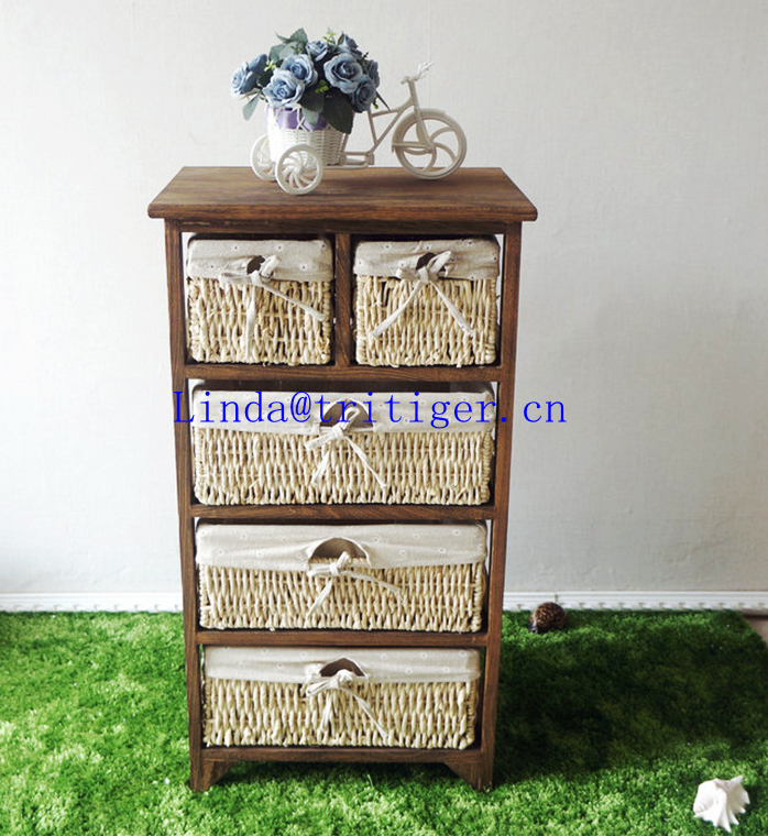 roast color solid wood storage cabinet with wickerwork basket