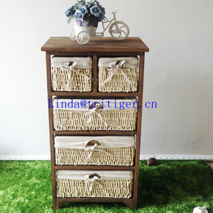 roast color solid wood storage cabinet with wickerwork basket