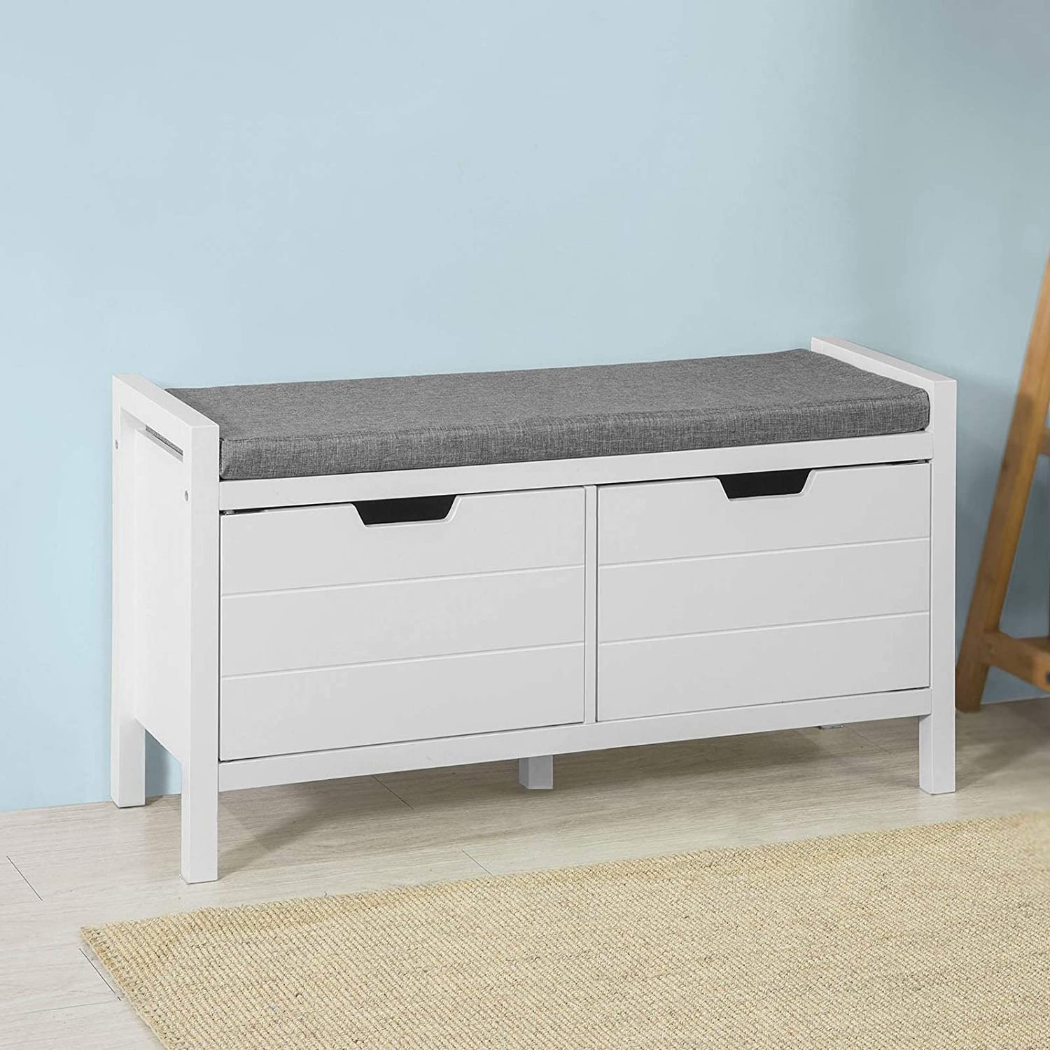 White Storage Shoe Bench with Drawers & Padded Seat Cushion Hallway Bench Shoe Cabinet