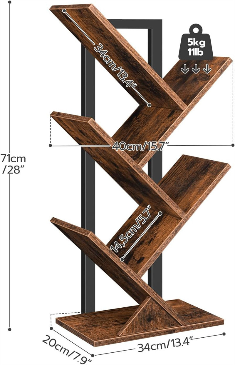 Home Office Rustic Brown 5 Tier Industrial Display Metal Wood Wooden Tree Bookshelf Bookcase Book Shelf For Bedroom Living Room