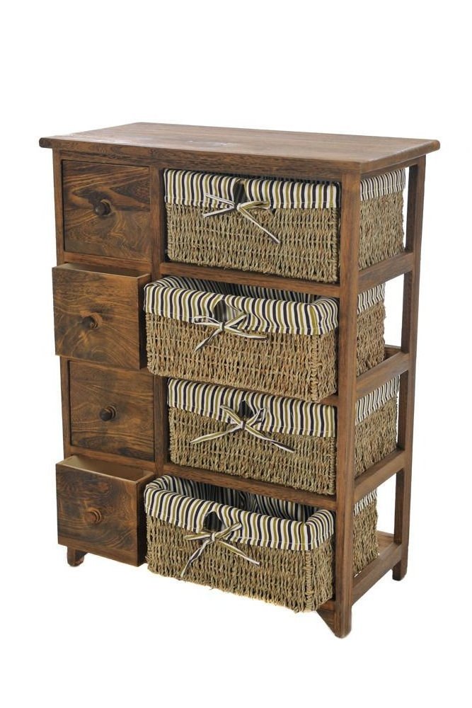 Brown Chest of Drawers Shabby Chic Storage Unit Wicker Baskets Dark Wood Cabinet