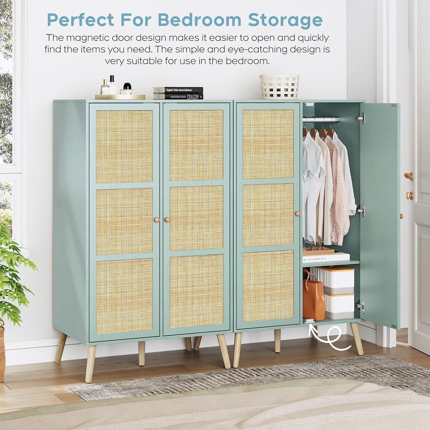 Big Storage Cabinet Armoire Wardrobe Closet with Natural Rattan Doors with Hanging Rod and Shelves, for Bedroom