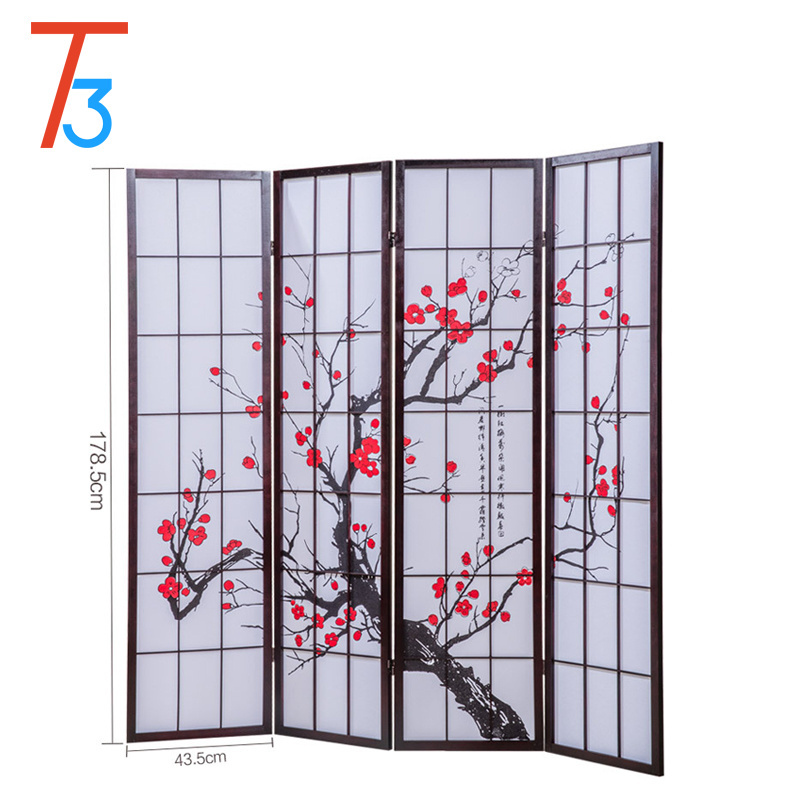 Wooden foldable 4 panel room separator dividers decorative panels removable room partition with plum blossom pattern