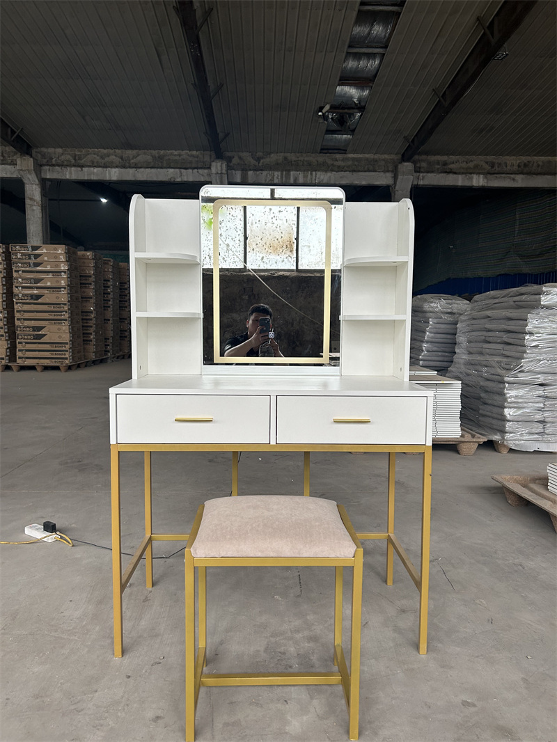 OEM FACTORY WHOLESALE European Dressing Table Touch Screen Led Mirror Metal Legs  Makeup Vanity Table With Mirror And Chair