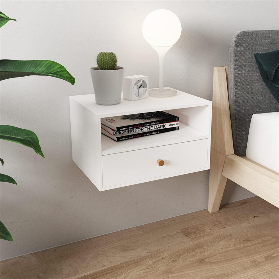 2023 White And Wood Nordic Small Wall Mount Floating Nightstand Bedside End Table With Drawer For Living Room Bedroom