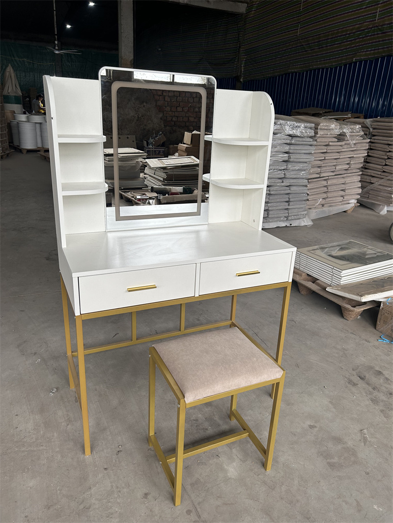 OEM FACTORY WHOLESALE European Dressing Table Touch Screen Led Mirror Metal Legs  Makeup Vanity Table With Mirror And Chair