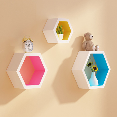 High quality 3 Piece MDF wood Hexagon Decorative Wall mount floating shelf