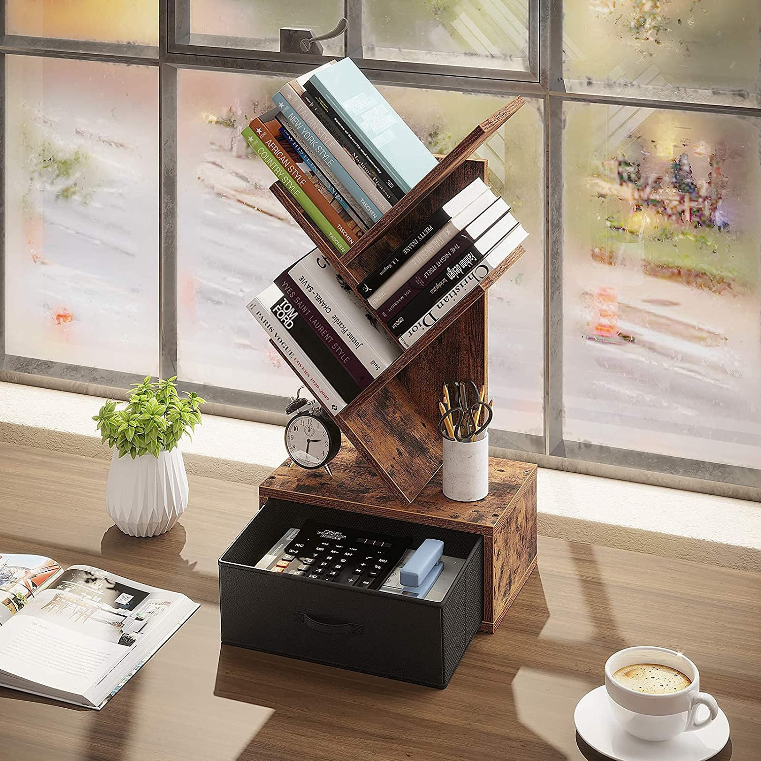 Rustic Wood Tree Shaped Desktop Bookshelf Tree Bookshelves With Drawer