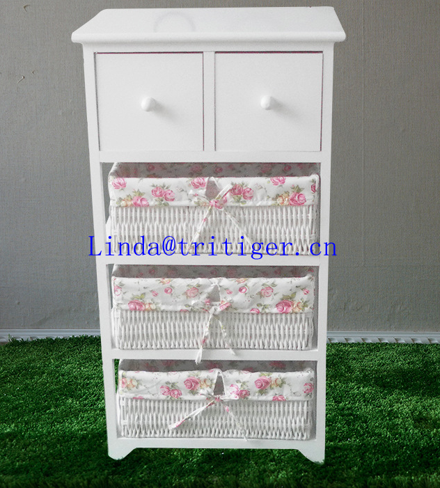 roast color solid wood storage cabinet with wickerwork basket