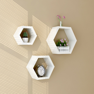 High quality 3 Piece MDF wood Hexagon Decorative Wall mount floating shelf