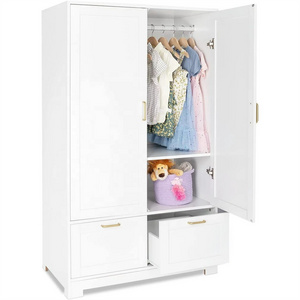 60"h White Wooden Baby Wardrobe Closet With Shelves And Drawer Children Closet Wardrobe Cabinet For Hanging Clothes