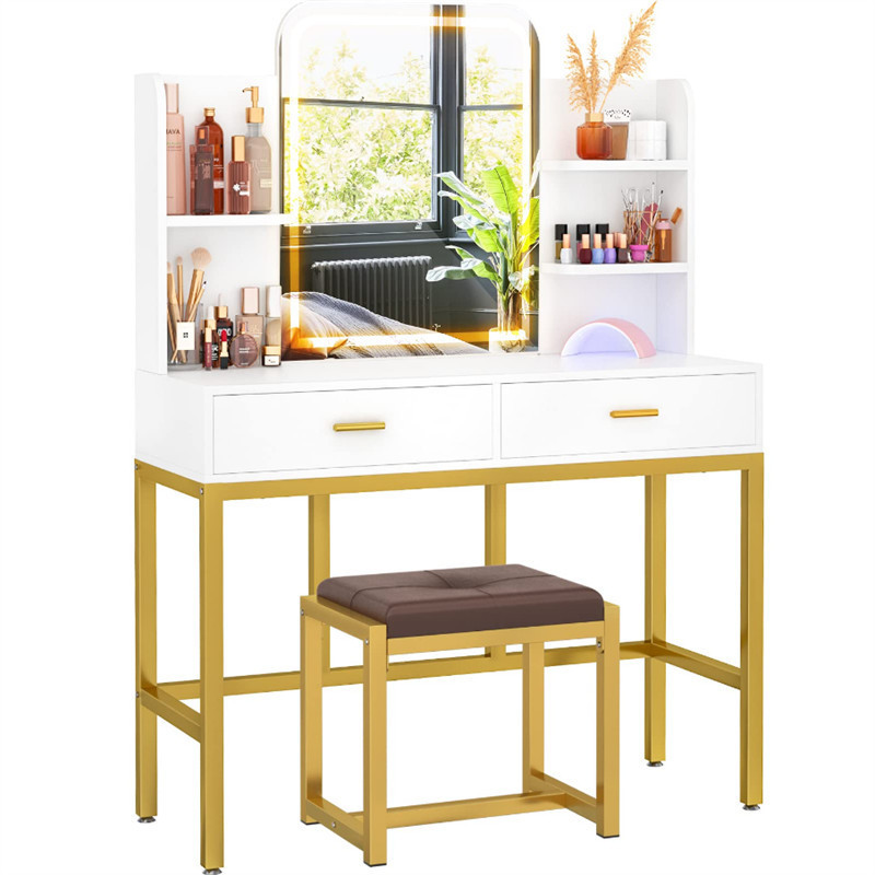 OEM FACTORY WHOLESALE European Dressing Table Touch Screen Led Mirror Metal Legs  Makeup Vanity Table With Mirror And Chair