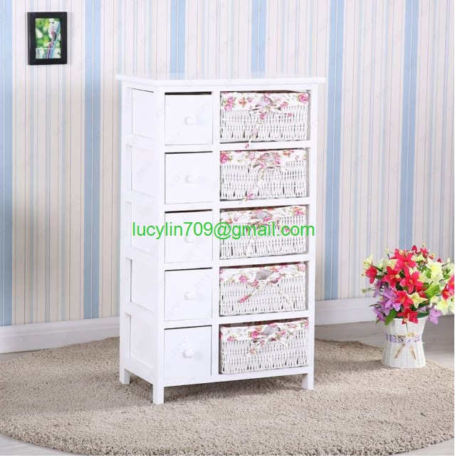 Bedroom Storage Dresser Chest 5 Drawers W/ Wicker Baskets Cabinet Wood Furniture