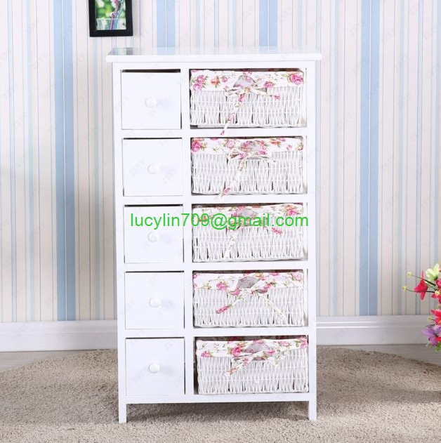 Bedroom Storage Dresser Chest 5 Drawers W/ Wicker Baskets Cabinet Wood Furniture