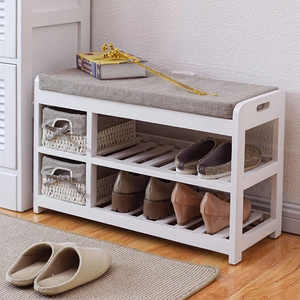 wooden sitting Storage Bench with basket Drawers & Seat Cushion for Shoe Cabinet