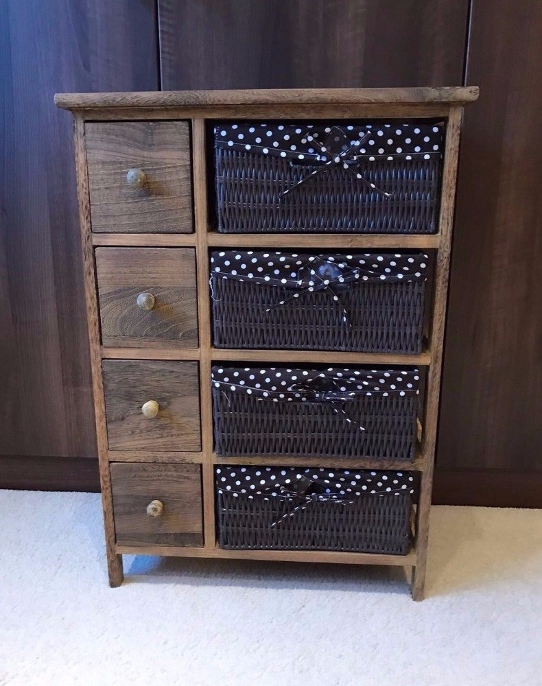 Brown Chest of Drawers Shabby Chic Storage Unit Wicker Baskets Dark Wood Cabinet