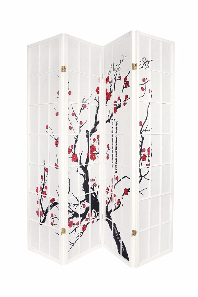 Wooden foldable 4 panel room separator dividers decorative panels removable room partition with plum blossom pattern