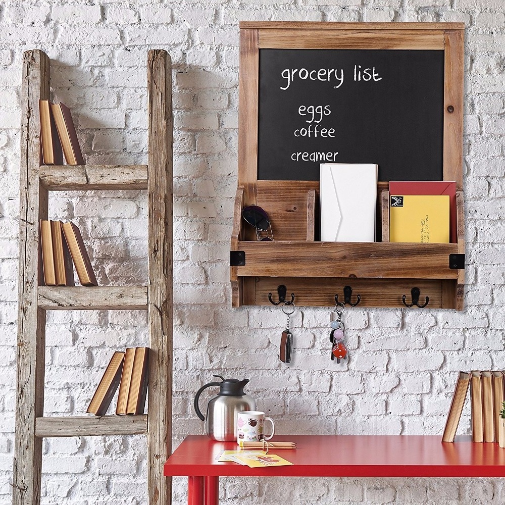 Rustic Burnt Wood Wall-Mounted Entryway Organizer with Chalkboard Sign & Key Hooks