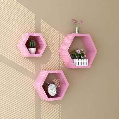 High quality 3 Piece MDF wood Hexagon Decorative Wall mount floating shelf