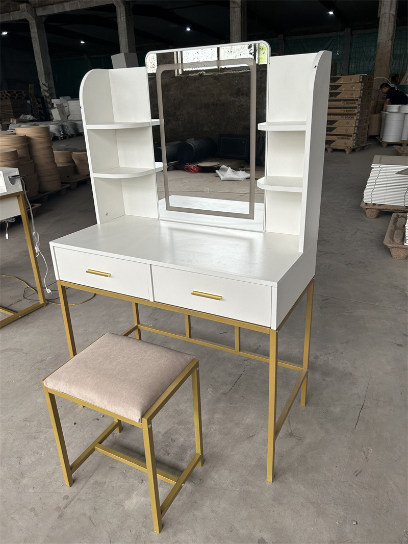 OEM FACTORY WHOLESALE European Dressing Table Touch Screen Led Mirror Metal Legs  Makeup Vanity Table With Mirror And Chair