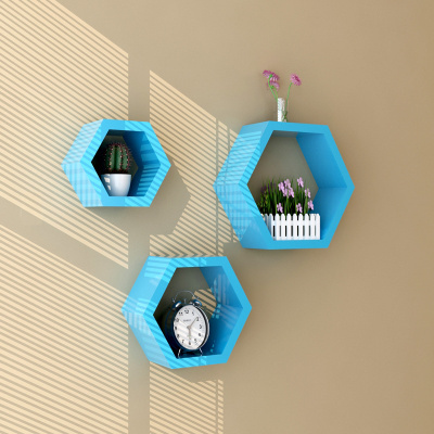 High quality 3 Piece MDF wood Hexagon Decorative Wall mount floating shelf