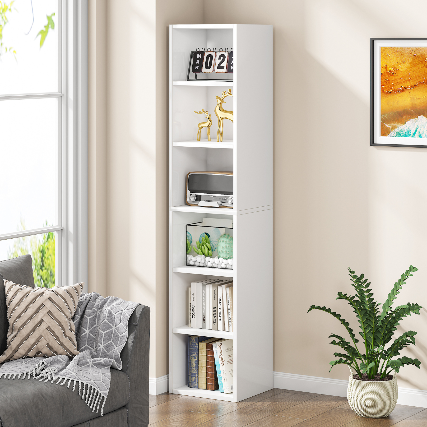 Tribesigns Modern White Corner Bookcase European Wooden 6 Cubes Bookshelf For Small Corner Place