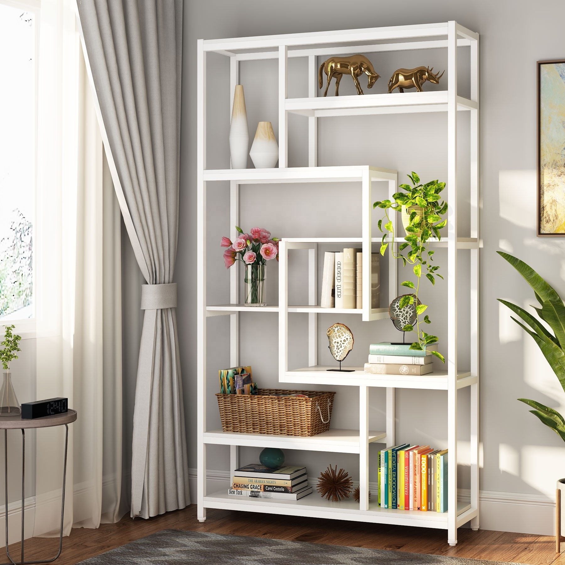 Metal Frame scaffold Industrial White Standing Modern Office Bookcase with 8 Tier Open Back Book Shelf Unit