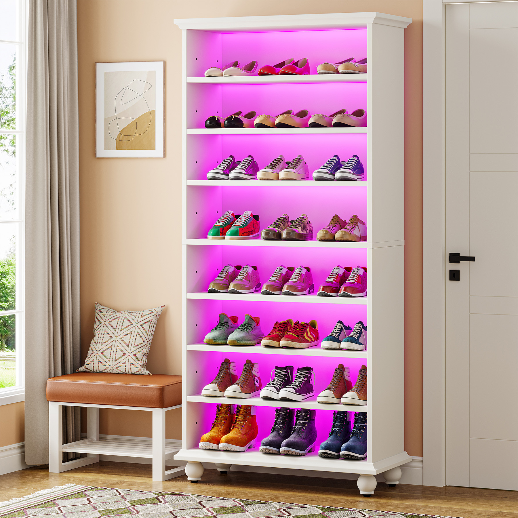 67 Inches Tall Modern Shoe Storage Cabinet LED Shoe Display Rack Stand For Shop