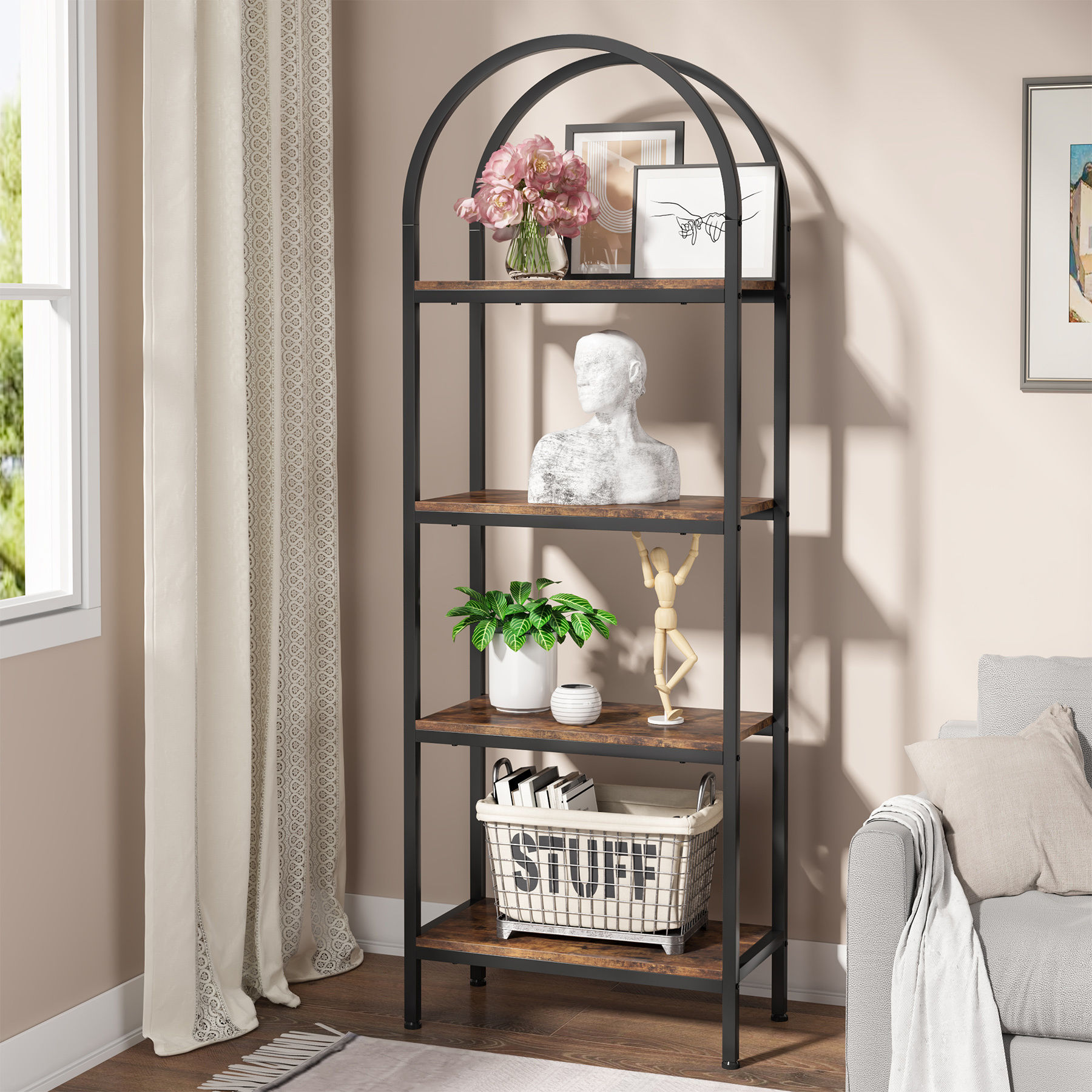 Tribresigns Wooden Arched Tall Open Bookshelf Etagere Freestanding Display Rack with Large place and Load Capacity