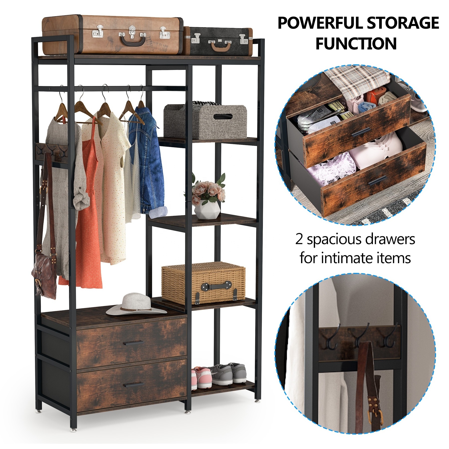 Tribesigns Freestanding Hanging Clothing Wardrobe Storage Closet Organizer Clothes Garment Rack with Drawers and Shelves