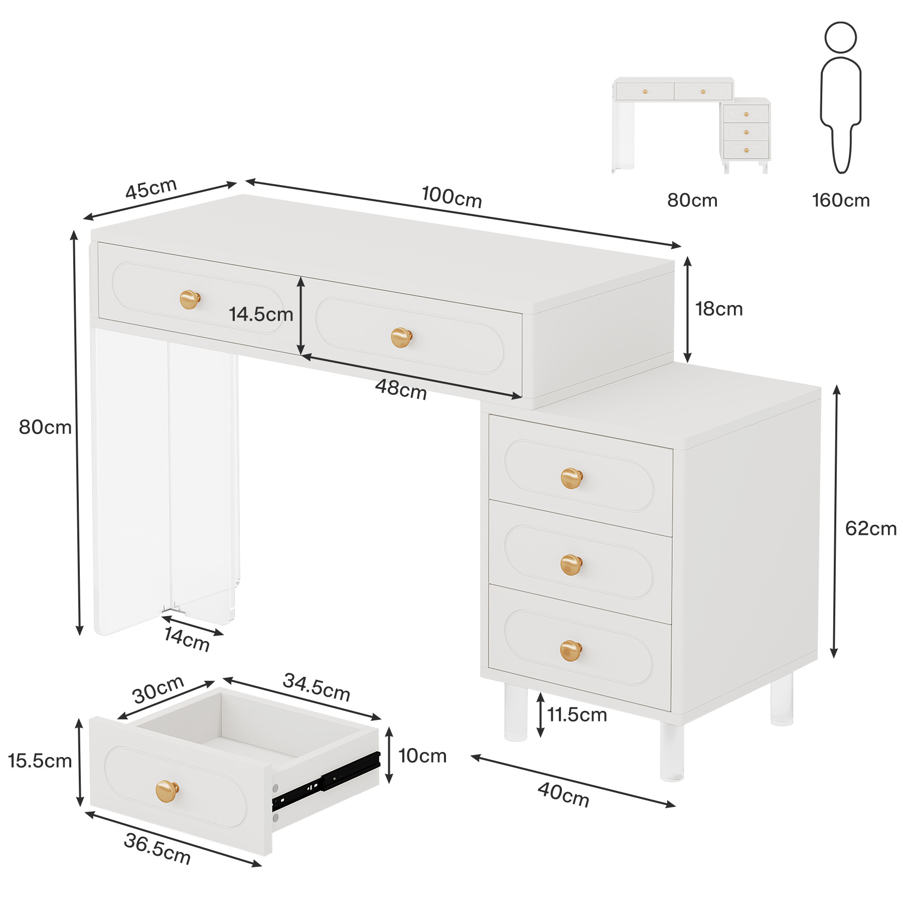 Tribesigns Extendable Wooden Desk with 5-Drawer and Acrylic Base and Legs Without Mirror Modern Makeup Vanity Table