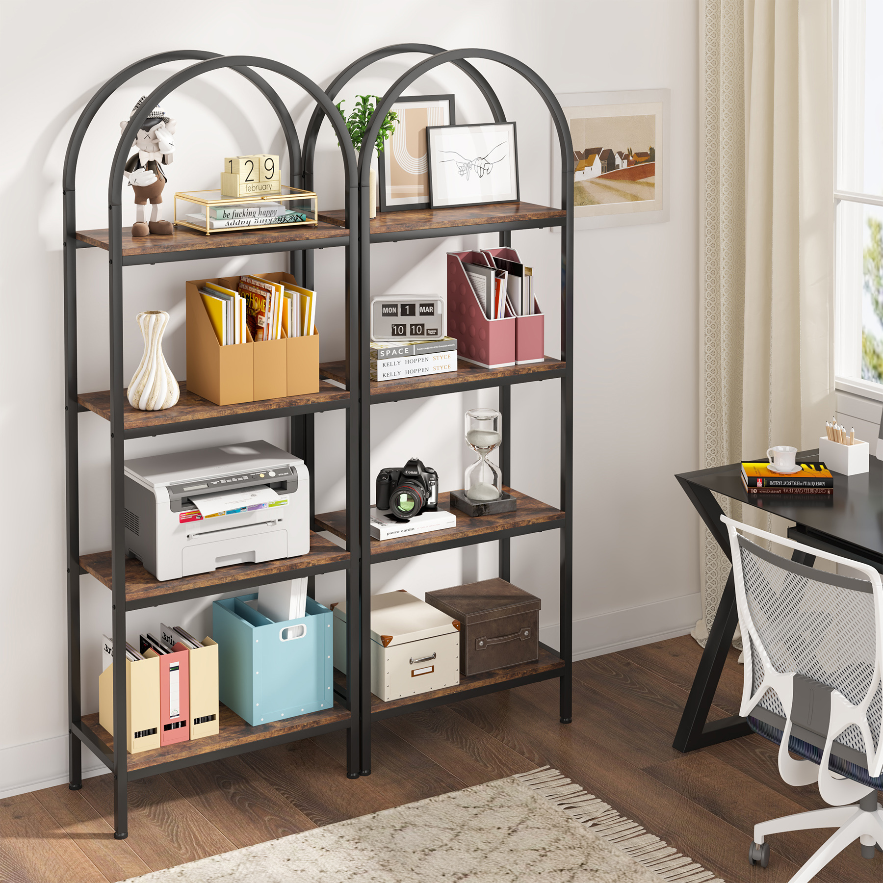 Tribresigns Wooden Arched Tall Open Bookshelf Etagere Freestanding Display Rack with Large place and Load Capacity