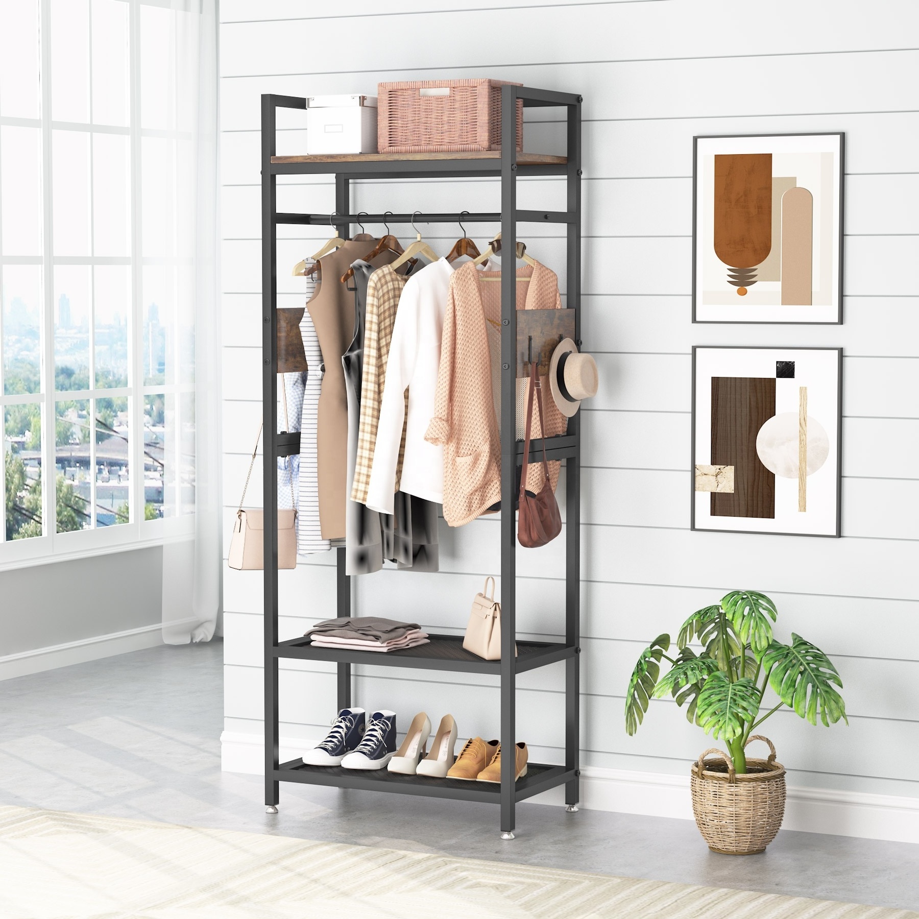 Tribesigns Freestanding Heavy Duty Metal Frame Etagere Pour Chaussure Shoe Storage Shelf Coat Rack