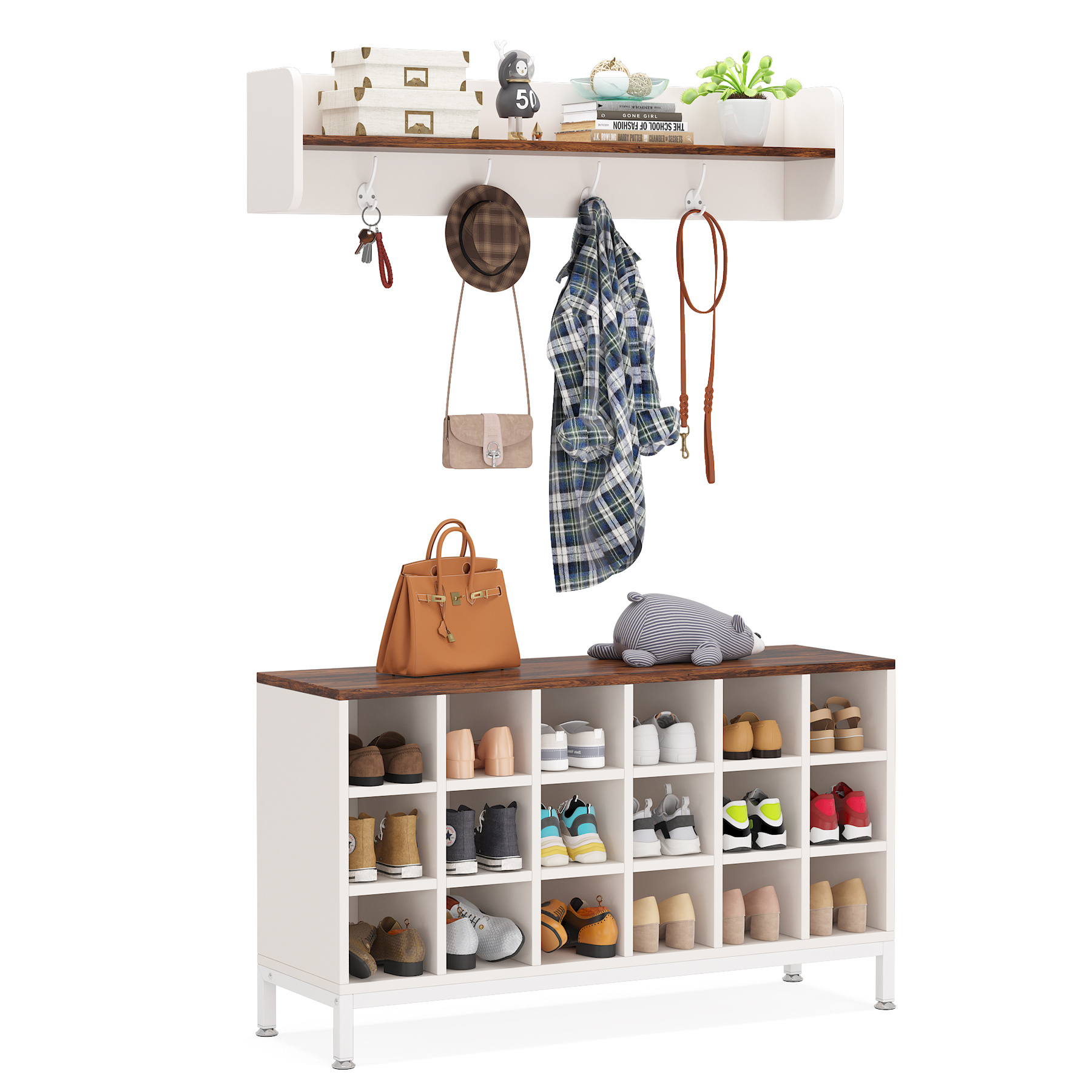 Tribesigns Wooden Hall Tree with Bench and 18 Shoe Cubbies  Shoe Rack Bench with Coat Hooks and Storage Shelf for Entryway