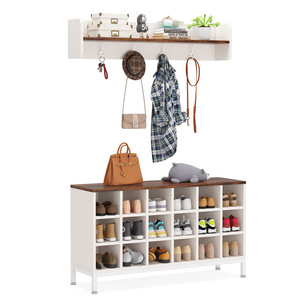 Tribesigns Wooden Hall Tree with Bench and 18 Shoe Cubbies  Shoe Rack Bench with Coat Hooks and Storage Shelf for Entryway