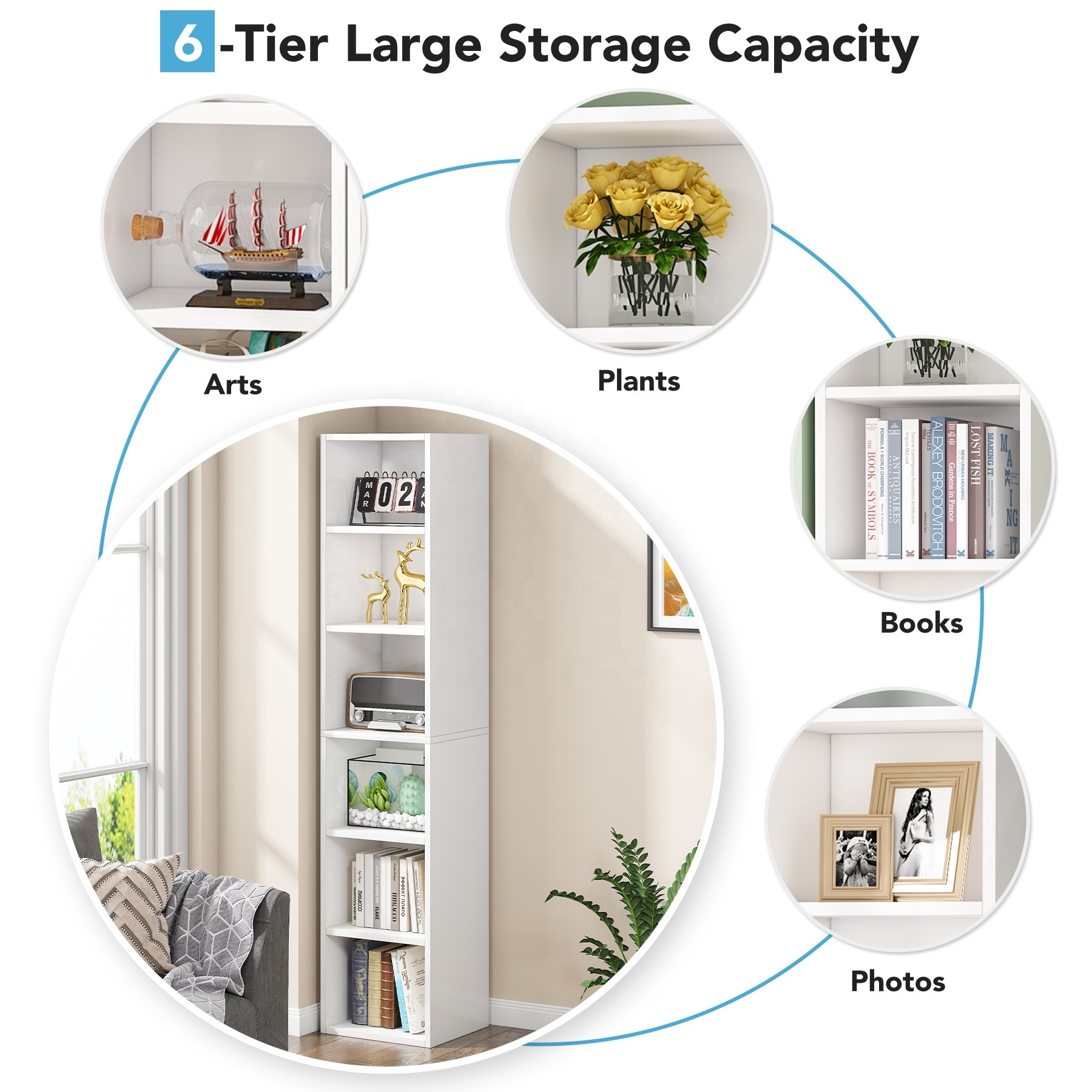 Tribesigns 6-Tier Books Storage Cabinet Living Room Wood Cube Bookcase White Corner shelf